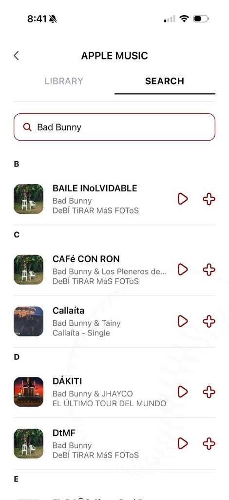 Apple Music search in the app showing search results with play and add buttons