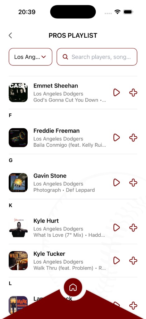 Pros Playlist filtered for Los Angeles Dodgers showing Freddie Freeman, Gavin Stone, and other Dodgers players and their walk-up songs