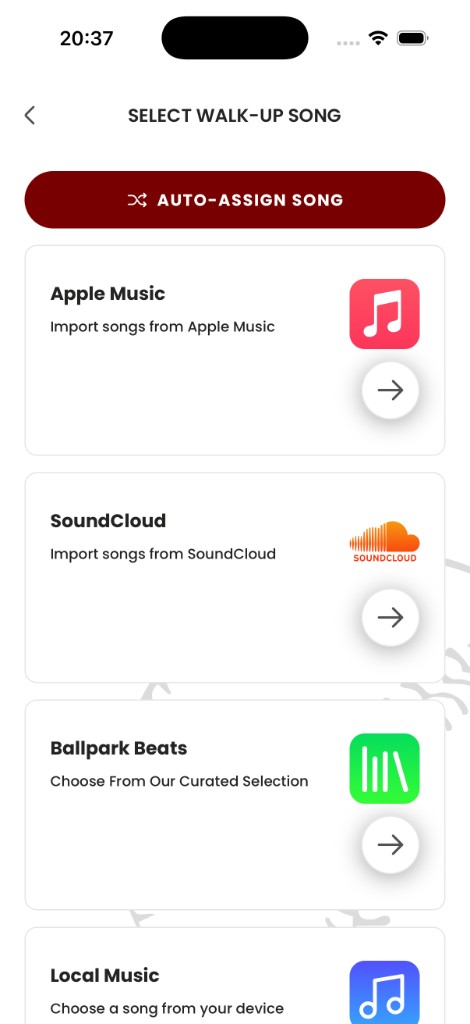 Select Walk-Up Song screen showing Apple Music, SoundCloud, Ballpark Beats, and Local Music
